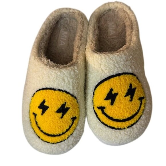 Mia Smiley Face Faux Fur Slippers Size 9M Beige & Yellow Cozy Comfort Footwear - Picture 1 of 5
